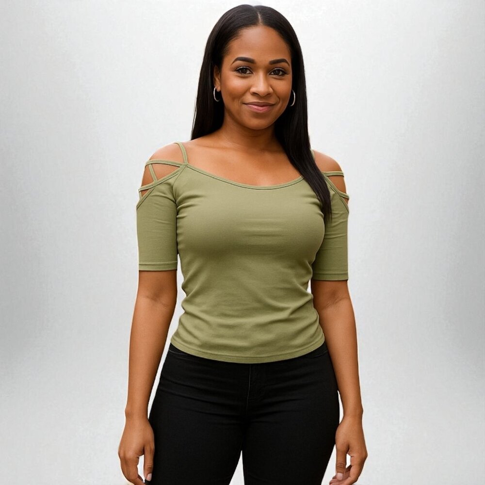 Solid Off Shoulder Top With Strappy Cut Sleeve
